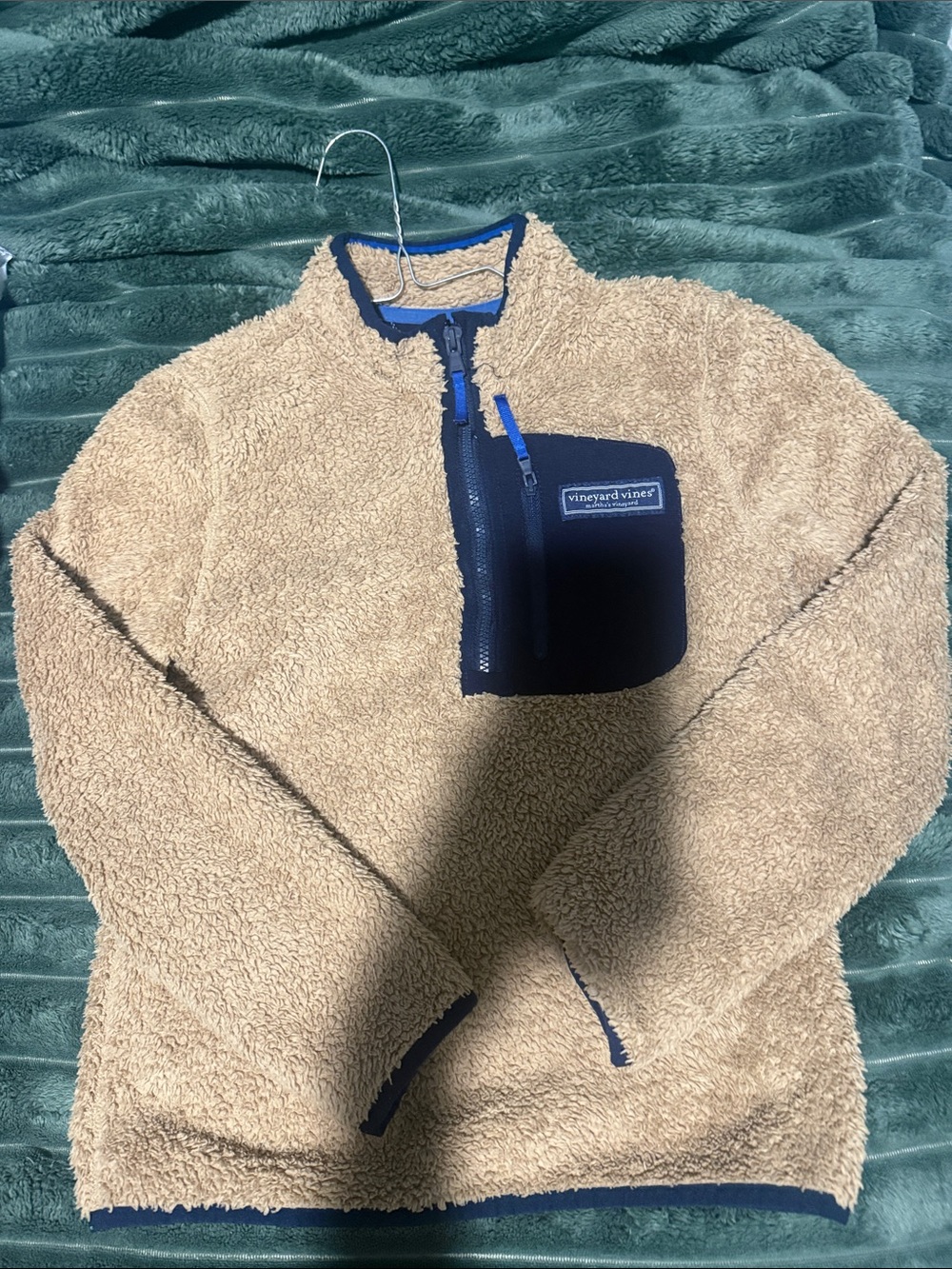 Vineyard Vines Tan Sherpa Zip Pullover with Navy Chest Pocket